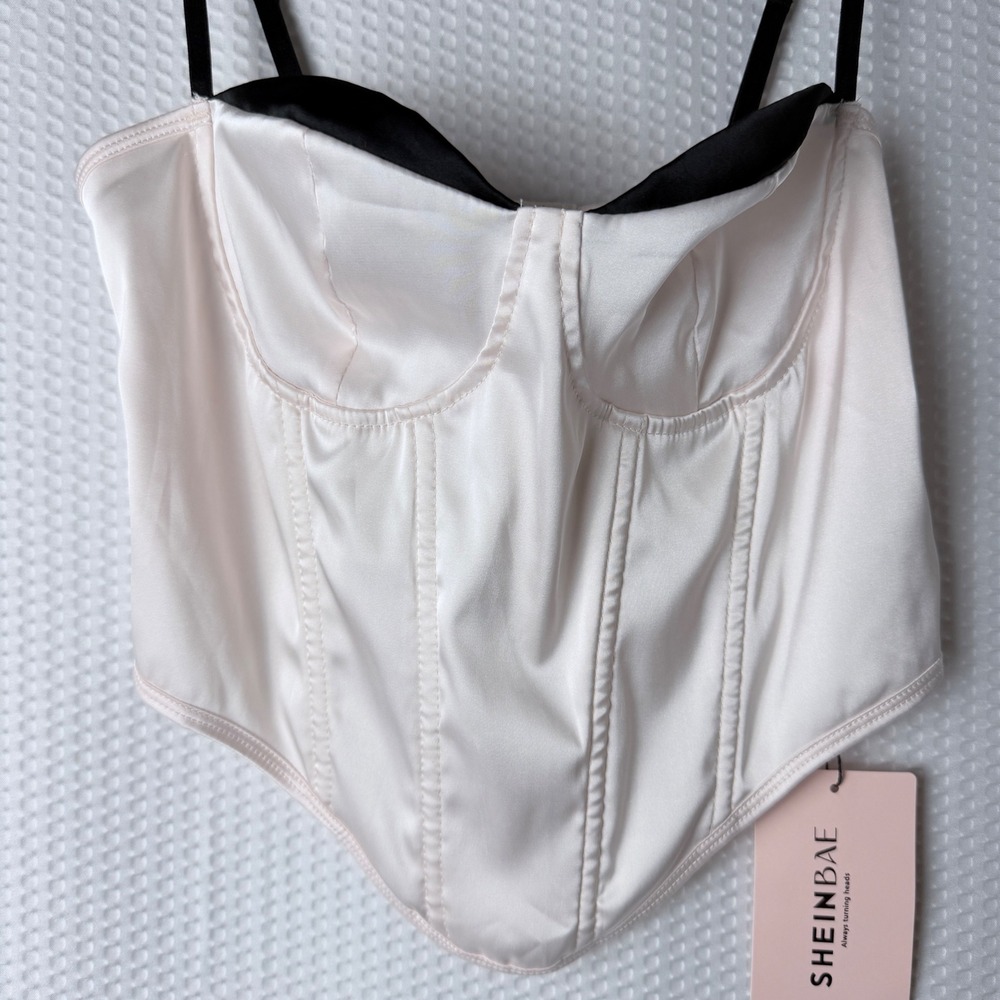Sheinbae Corset Top Women XS Cream Trim Satin Bustier Sweetheart Hook  Babydoll